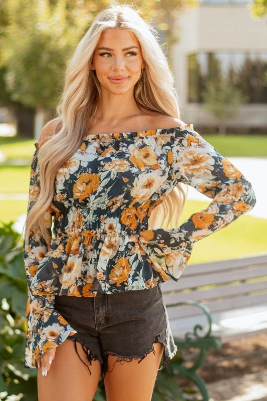 Floral Off Shoulder Bell Sleeve Peplum Top - Blu Lotus Boutique