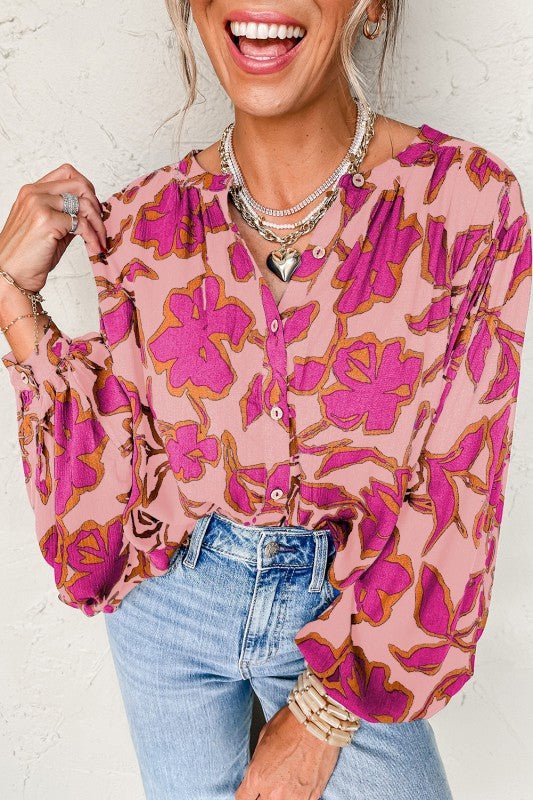 Floral Print Batwing Sleeve Buttoned Fit Shirt - Blu Lotus Boutique