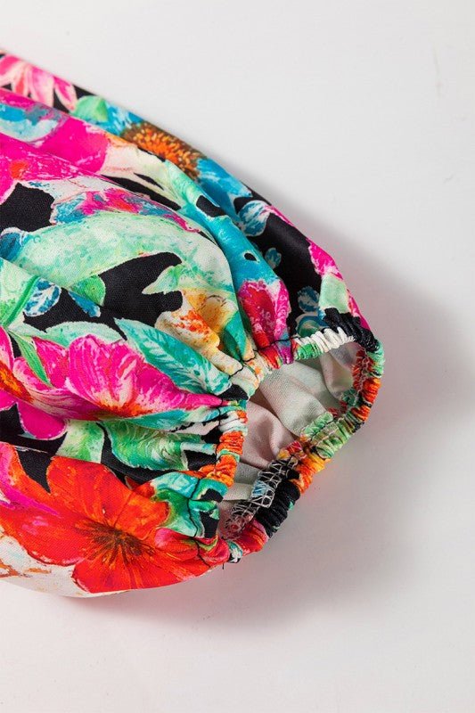 Floral Print Bubble Sleeve V Neck Ruffled Blouse - Blu Lotus Boutique