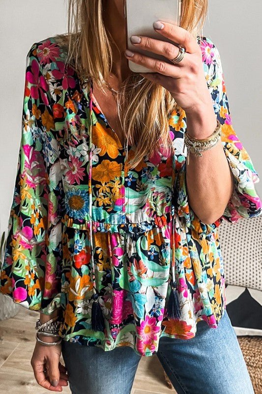 Floral Print Bubble Sleeve V Neck Ruffled Blouse - Blu Lotus Boutique