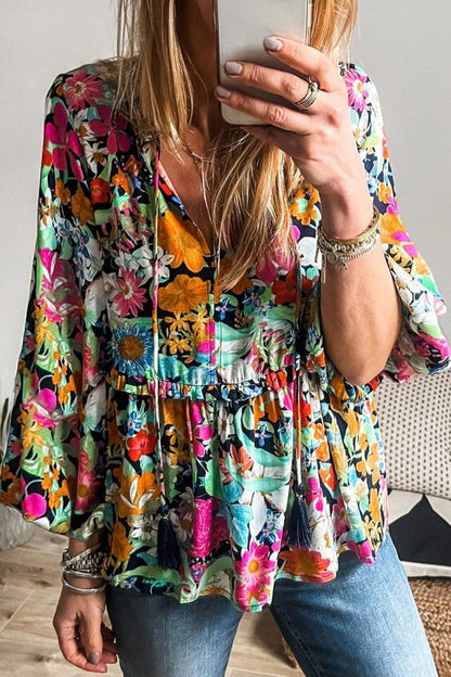 Floral Print Bubble Sleeve V Neck Ruffled Blouse - Blu Lotus Boutique