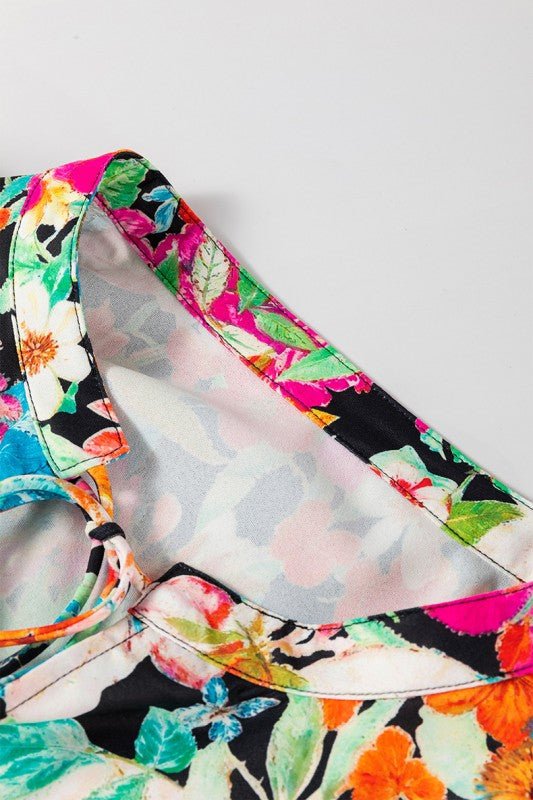 Floral Print Bubble Sleeve V Neck Ruffled Blouse - Blu Lotus Boutique