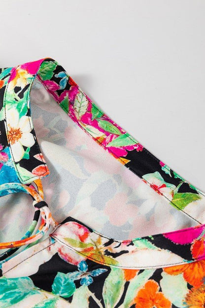 Floral Print Bubble Sleeve V Neck Ruffled Blouse - Blu Lotus Boutique