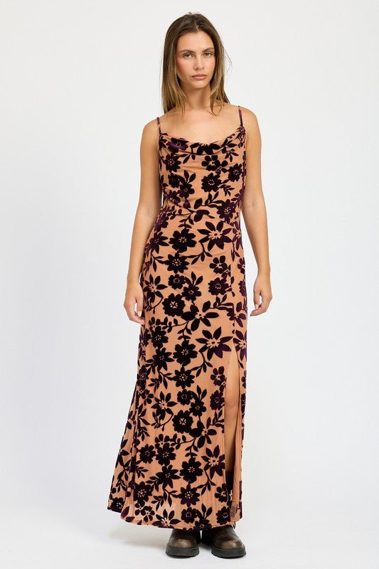 FLORAL PRINT COWL NECK MAXI DRESS - Blu Lotus Boutique