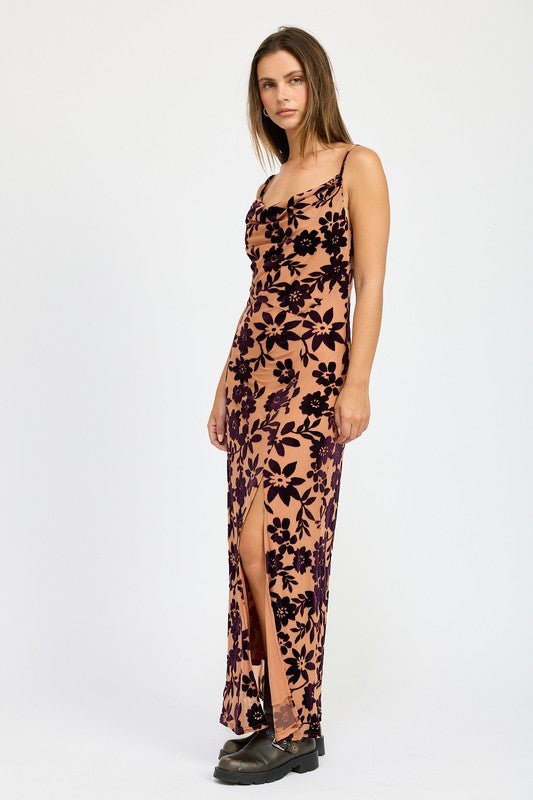 FLORAL PRINT COWL NECK MAXI DRESS - Blu Lotus Boutique