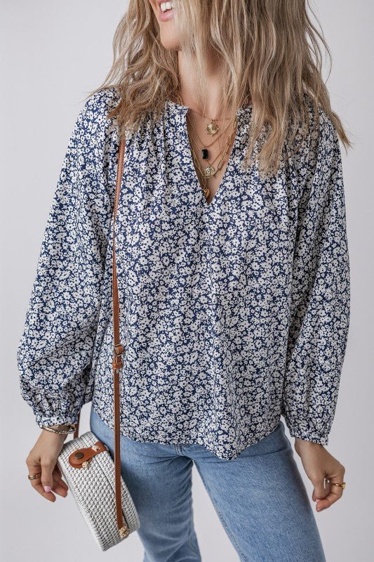 Floral Print Notched V Neck Puff Sleeve Blouse - Blu Lotus Boutique