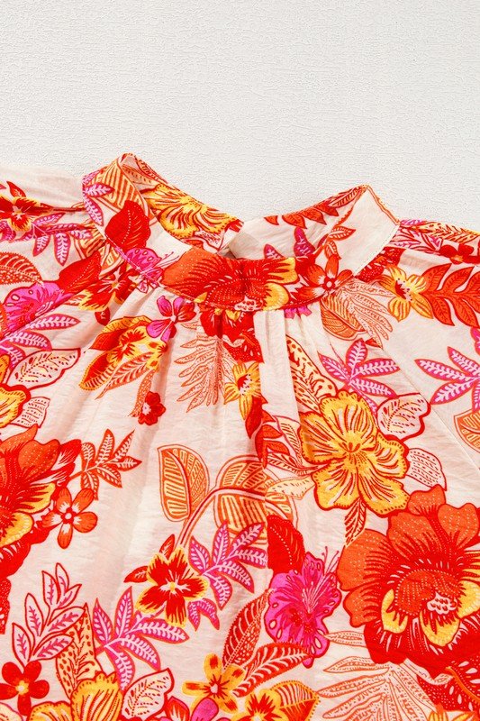 Floral Print Pearl Button Long Puff Sleeve Blouse - Blu Lotus Boutique