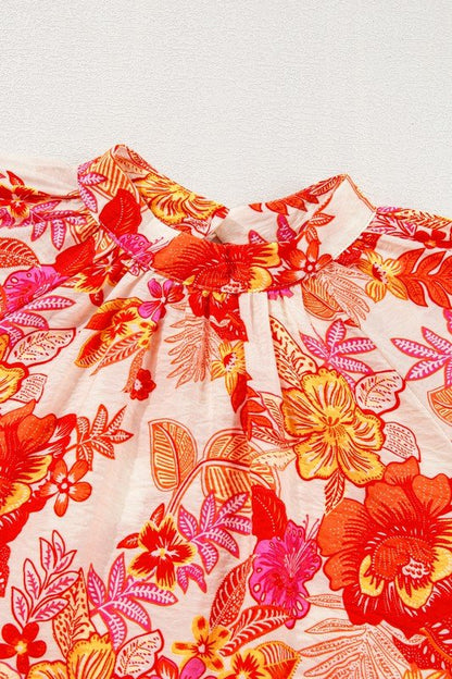 Floral Print Pearl Button Long Puff Sleeve Blouse - Blu Lotus Boutique