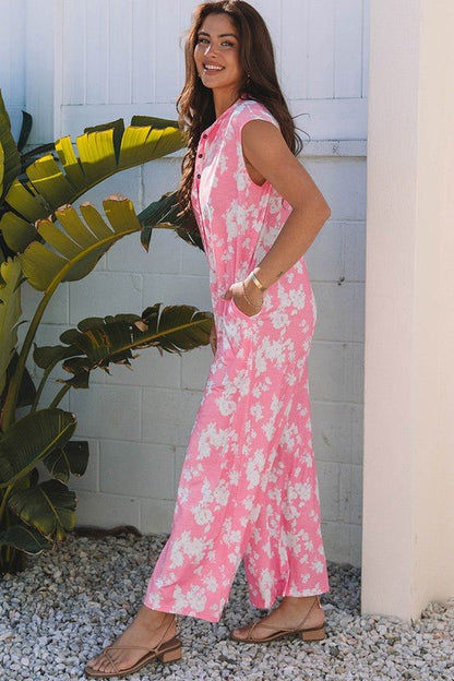 Floral Print Wide Leg Relaxed Sleeveless Jumpsuit - Blu Lotus Boutique