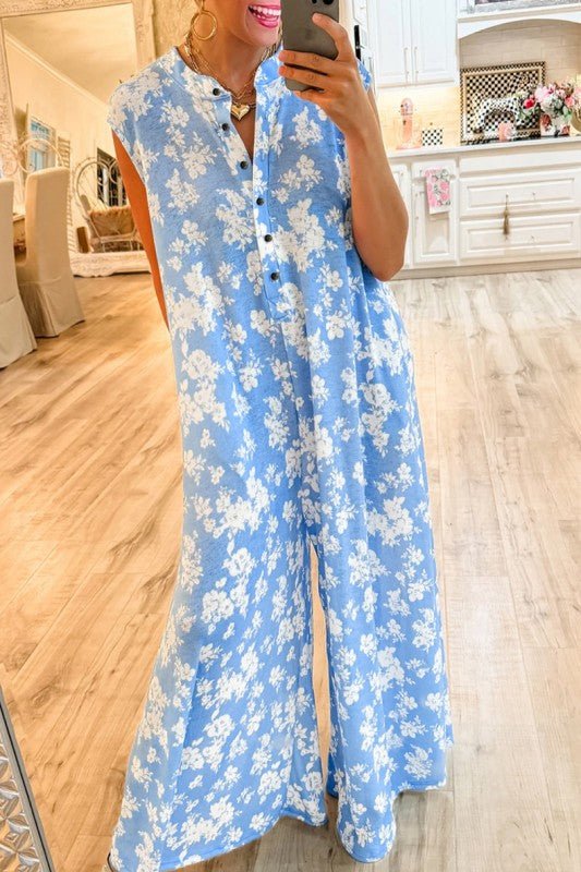 Floral Print Wide Leg Relaxed Sleeveless Jumpsuit - Blu Lotus Boutique