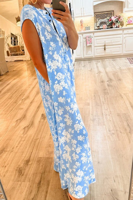 Floral Print Wide Leg Relaxed Sleeveless Jumpsuit - Blu Lotus Boutique