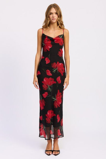 FLORAL PRINTED COWL NECK MAXI DRESS - Blu Lotus Boutique