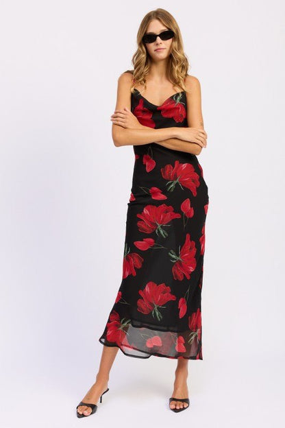 FLORAL PRINTED COWL NECK MAXI DRESS - Blu Lotus Boutique