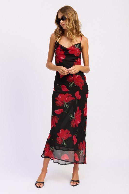 FLORAL PRINTED COWL NECK MAXI DRESS - Blu Lotus Boutique