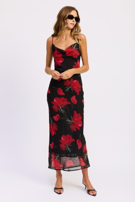 FLORAL PRINTED COWL NECK MAXI DRESS - Blu Lotus Boutique
