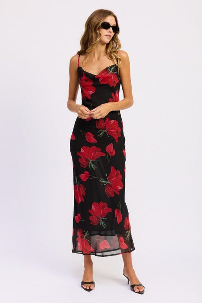 FLORAL PRINTED COWL NECK MAXI DRESS - Blu Lotus Boutique