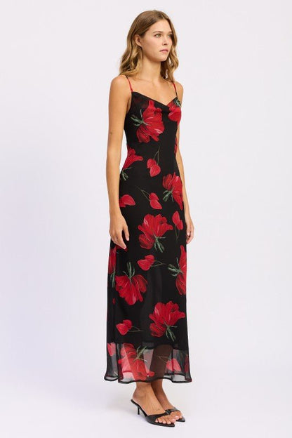 FLORAL PRINTED COWL NECK MAXI DRESS - Blu Lotus Boutique