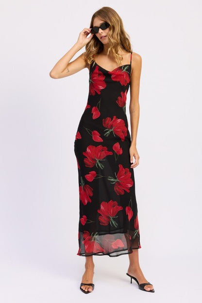FLORAL PRINTED COWL NECK MAXI DRESS - Blu Lotus Boutique