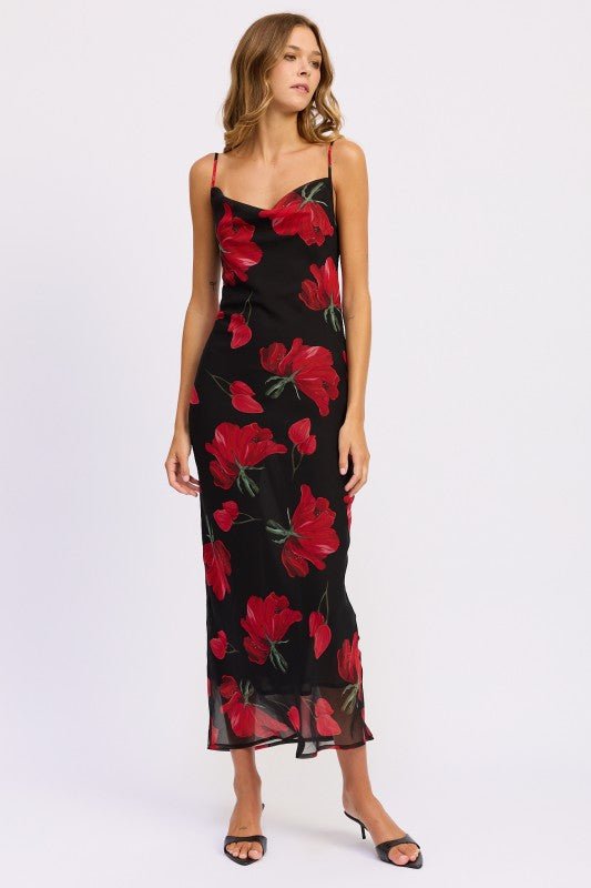 FLORAL PRINTED COWL NECK MAXI DRESS - Blu Lotus Boutique