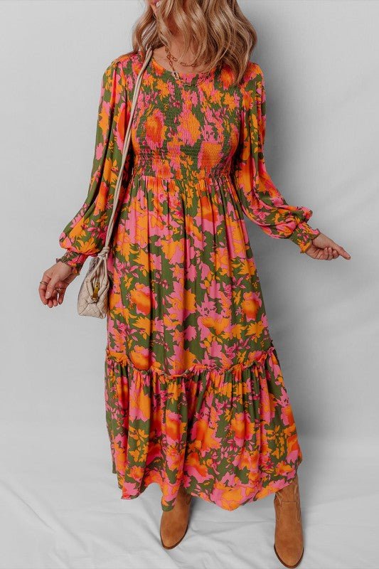 Floral Puff Sleeve Smocked Ruffle Maxi Dress - Blu Lotus Boutique