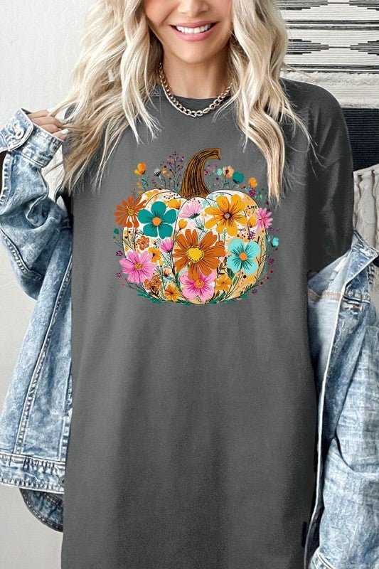 Floral Pumpkin Graphic Heavy Cotton Tee - Blu Lotus Boutique