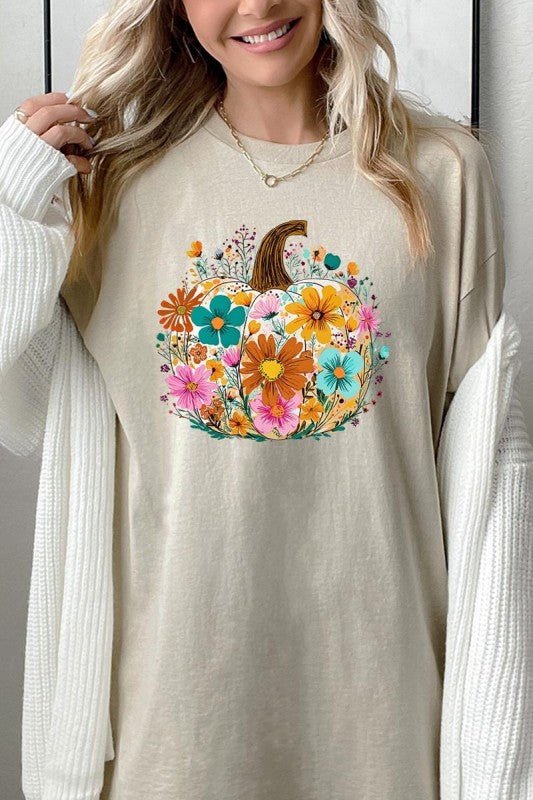 Floral Pumpkin Graphic Heavy Cotton Tee - Blu Lotus Boutique