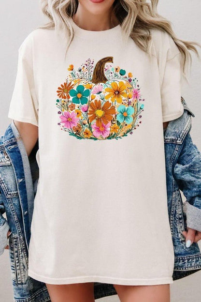 Floral Pumpkin Graphic Heavy Cotton Tee - Blu Lotus Boutique