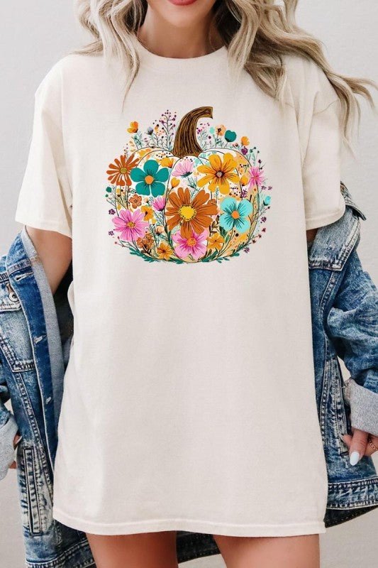 Floral Pumpkin Graphic Heavy Cotton Tee - Blu Lotus Boutique
