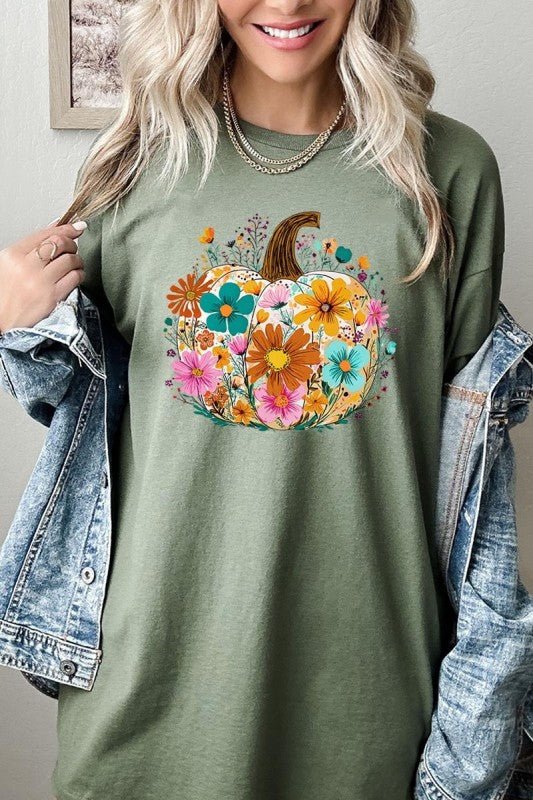 Floral Pumpkin Graphic Heavy Cotton Tee - Blu Lotus Boutique
