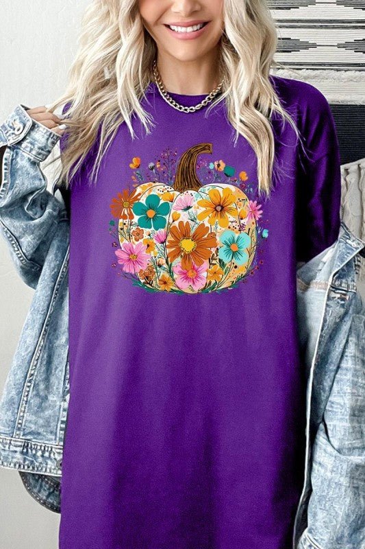 Floral Pumpkin Graphic Heavy Cotton Tee - Blu Lotus Boutique