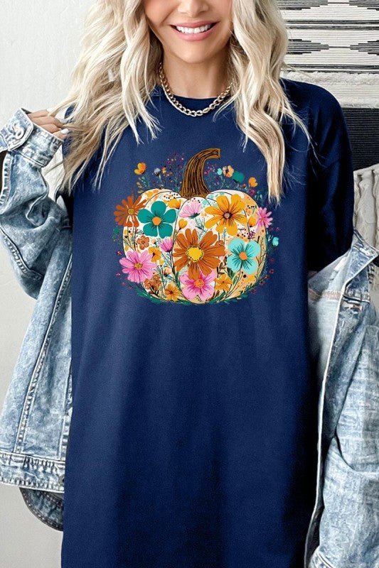 Floral Pumpkin Graphic Heavy Cotton Tee - Blu Lotus Boutique