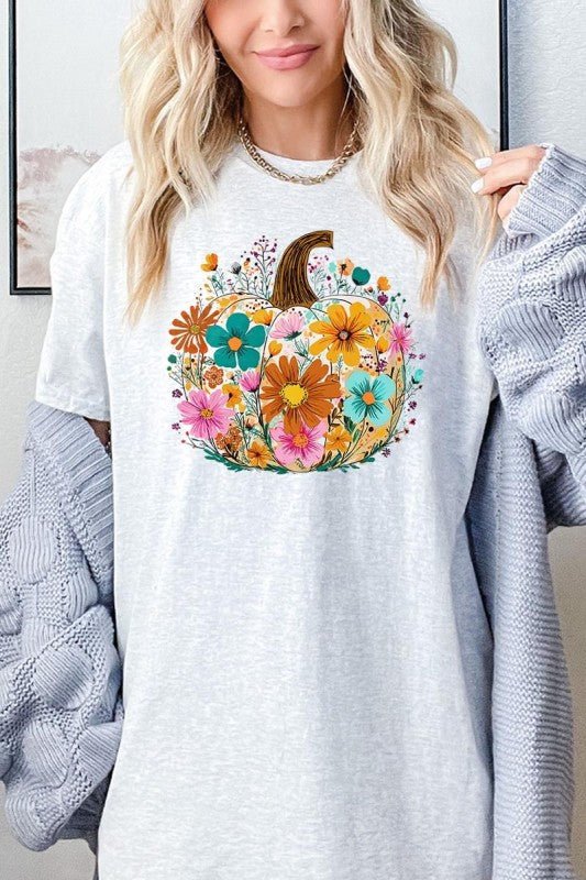 Floral Pumpkin Graphic Heavy Cotton Tee - Blu Lotus Boutique