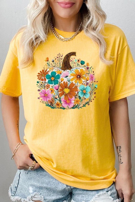 Floral Pumpkin Graphic Heavy Cotton Tee - Blu Lotus Boutique
