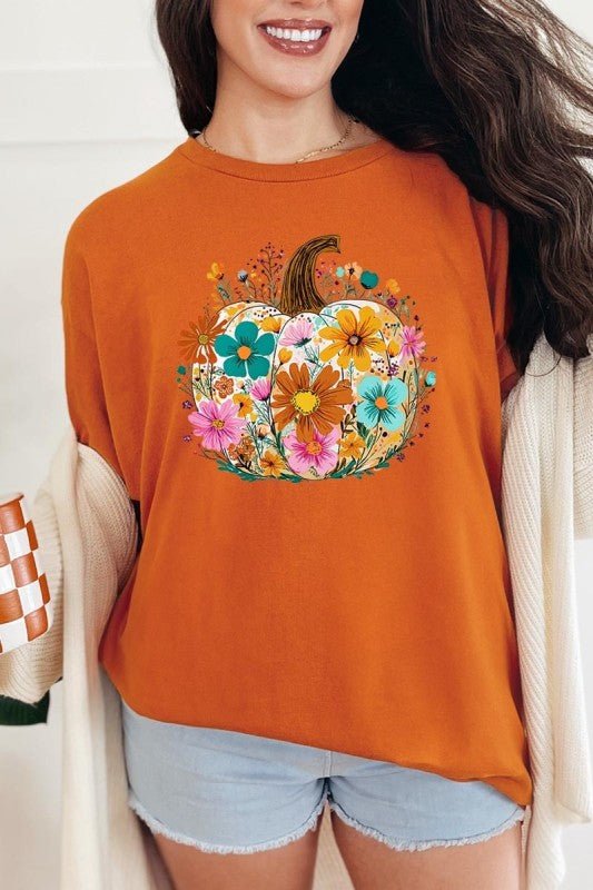 Floral Pumpkin Graphic Heavy Cotton Tee - Blu Lotus Boutique