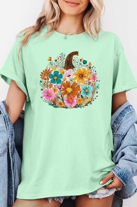Floral Pumpkin Graphic Heavy Cotton Tee - Blu Lotus Boutique