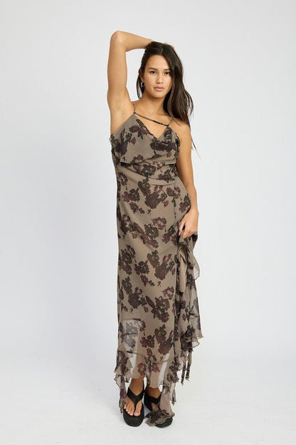 FLORAL RUFFLE MAXI DRESS - Blu Lotus Boutique