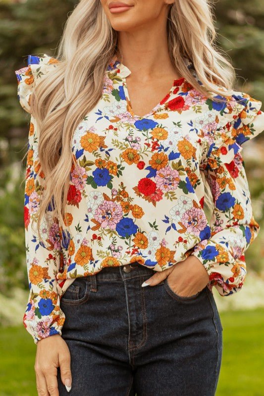 Floral Ruffle Shoulder Long Sleeve Blouse - Blu Lotus Boutique