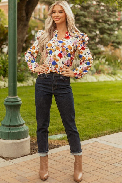 Floral Ruffle Shoulder Long Sleeve Blouse - Blu Lotus Boutique