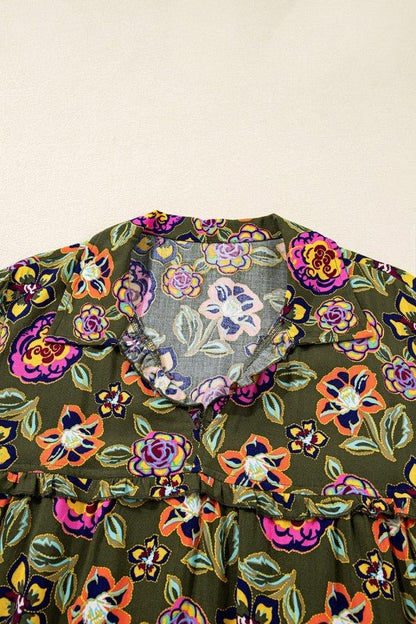 Floral Split Neck Bubble Sleeve Shift Mini Dress - Blu Lotus Boutique