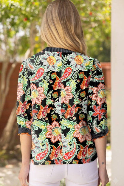 Floral Stripe Patchwork Ricrac Trim Blouse - Blu Lotus Boutique