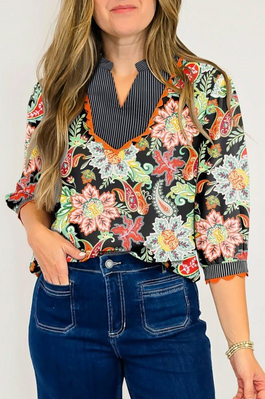 Floral Stripe Patchwork Ricrac Trim Blouse - Blu Lotus Boutique