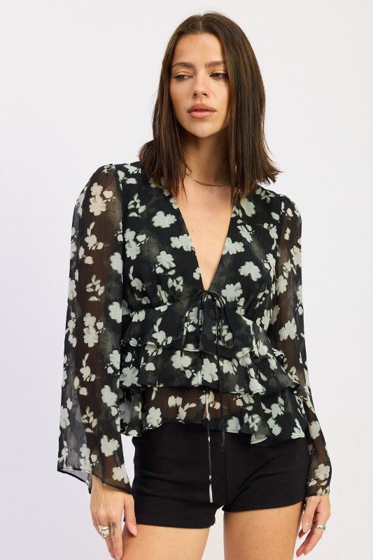FLORAL TIE FRONT RUFFLED BLOUSE - Blu Lotus Boutique