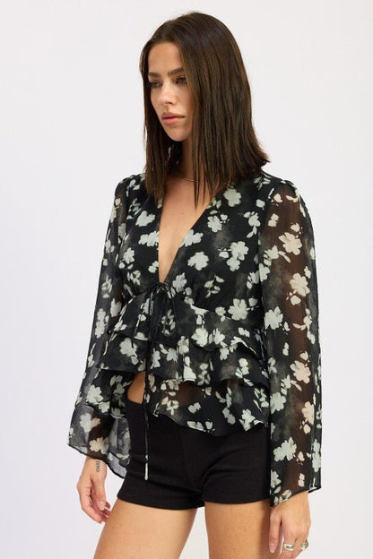 FLORAL TIE FRONT RUFFLED BLOUSE - Blu Lotus Boutique