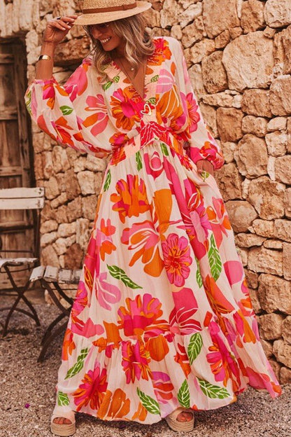 Floral V - Neck Puff Sleeve Maxi Dress - Blu Lotus Boutique