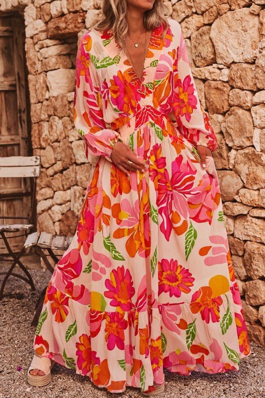 Floral V - Neck Puff Sleeve Maxi Dress - Blu Lotus Boutique