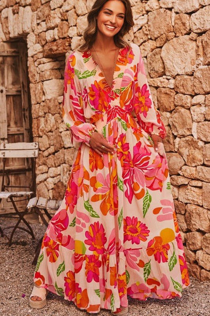 Floral V - Neck Puff Sleeve Maxi Dress - Blu Lotus Boutique