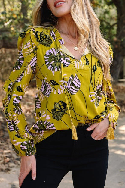 Floral V - Neck Ruffle Trim Long Sleeve Blouse - Blu Lotus Boutique