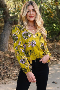 Floral V - Neck Ruffle Trim Long Sleeve Blouse - Blu Lotus Boutique