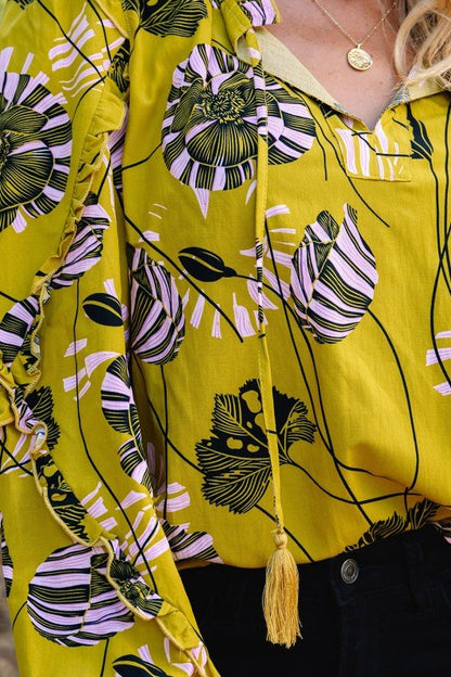 Floral V - Neck Ruffle Trim Long Sleeve Blouse - Blu Lotus Boutique