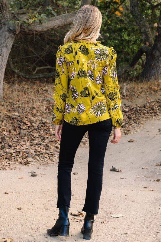 Floral V - Neck Ruffle Trim Long Sleeve Blouse - Blu Lotus Boutique